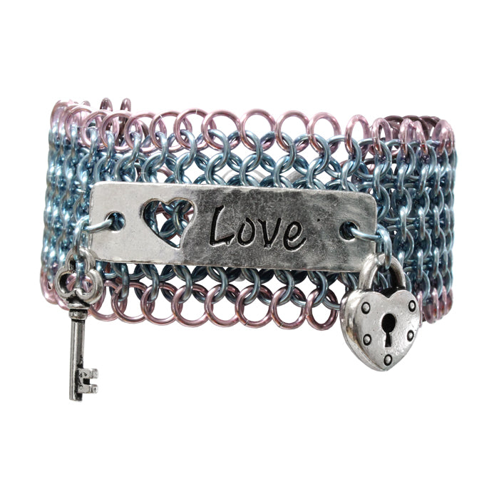 Made With Love Chainmail Bracelet (sky blue & pink) / 6.5 to 7 Inch wrist size / anodized aluminum chainmail
