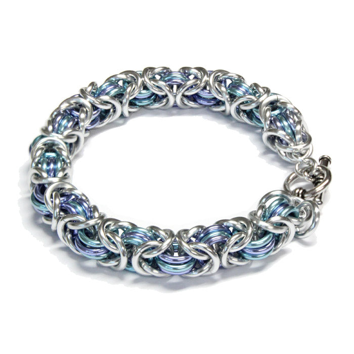 Three-Ring Byzantine Chainmail Bracelet / fits up to 7 inch wrist size / with silver, sky blue & lavender anodized aluminum jump rings
