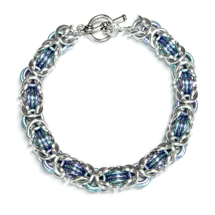 Three-Ring Byzantine Chainmail Bracelet / fits up to 7 inch wrist size / with silver, sky blue & lavender anodized aluminum jump rings