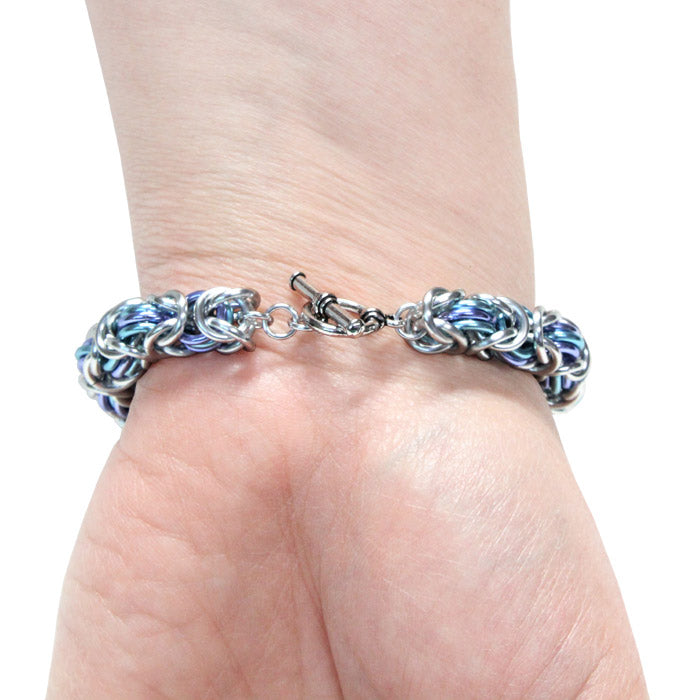 Three-Ring Byzantine Chainmail Bracelet / fits up to 7 inch wrist size / with silver, sky blue & lavender anodized aluminum jump rings