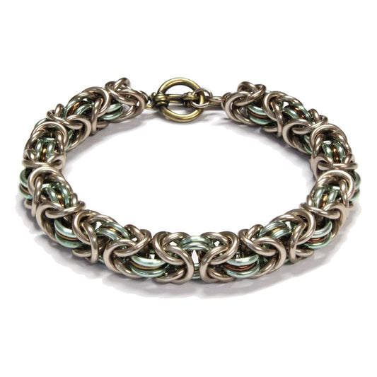 Three-Ring Byzantine Chainmail Bracelet / fits up to 7 inch wrist size / with champagne, seafoam green & bronze anodized aluminum jump rings