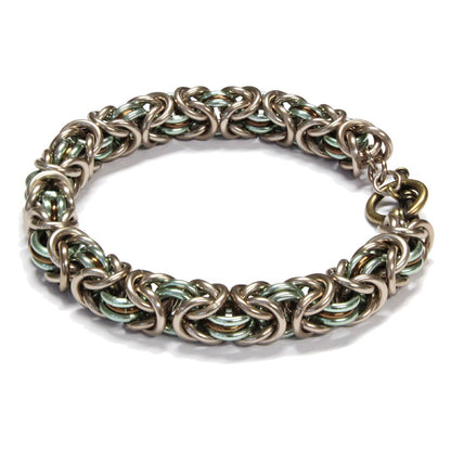 Three-Ring Byzantine Chainmail Bracelet / fits up to 7 inch wrist size / with champagne, seafoam green & bronze anodized aluminum jump rings