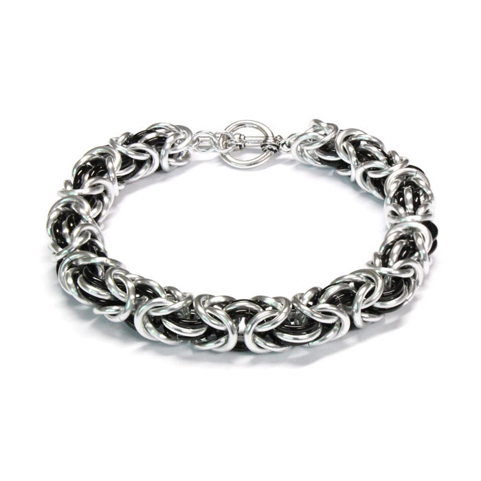 Three-Ring Byzantine Chainmail Bracelet / fits up to 7 inch wrist size / with silver and black anodized aluminum jump rings