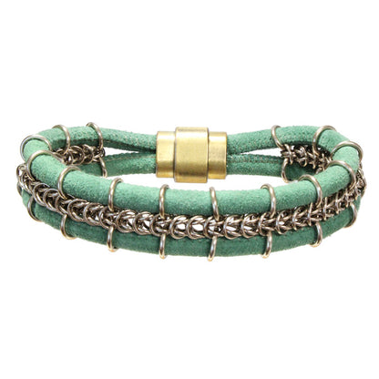 Cord-ially Yours Bracelet (green & champagne) / 6.5 to 7 Inch wrist size / anodized aluminum chainmail / suede leather cord / magnetic clasp