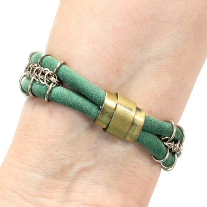 Cord-ially Yours Bracelet (green & champagne) / 6.5 to 7 Inch wrist size / anodized aluminum chainmail / suede leather cord / magnetic clasp