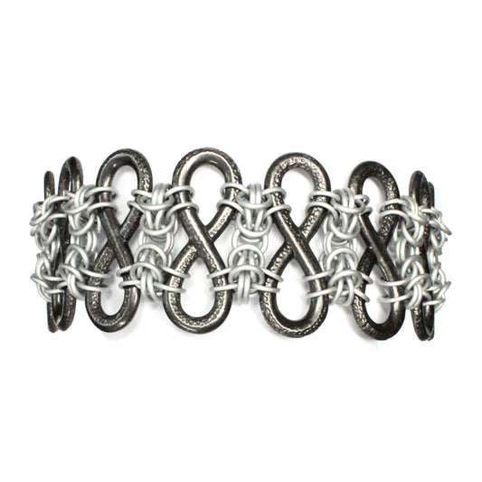 Ad Infinitum Bracelet / up to 7 Inch wrist size / black infinity links chained together with silver matte chainmail