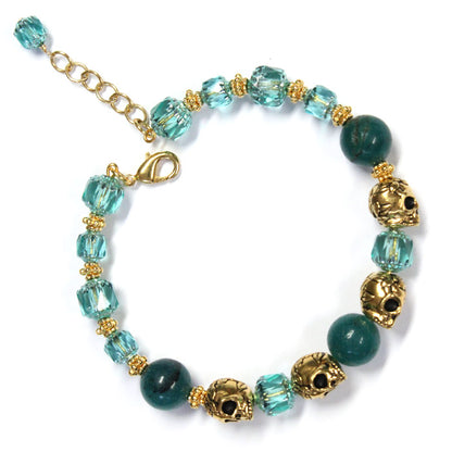 Rose Skull Green Agate Bracelet / 6 to 7 Inch wrist size / one inch extender chain