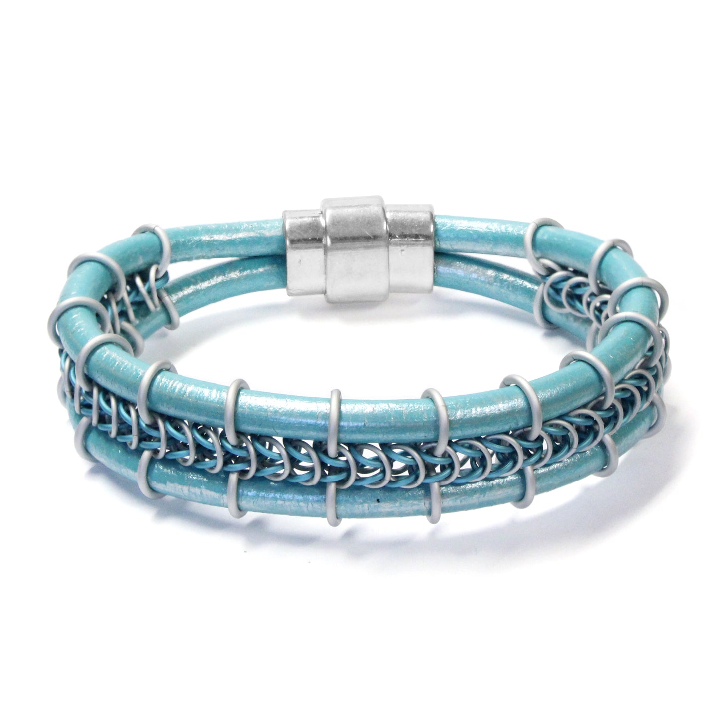 Cord-ially Yours Bracelet / 6.5 to 7 Inch wrist size / matte silver & sky blue chainmail / metallic seafoam leather cord / magnetic clasp