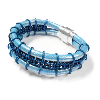 Cord-ially Yours Bracelet / 6.5 to 7 Inch wrist size / matte royal blue chainmail / metallic sky blue leather cord / magnetic clasp