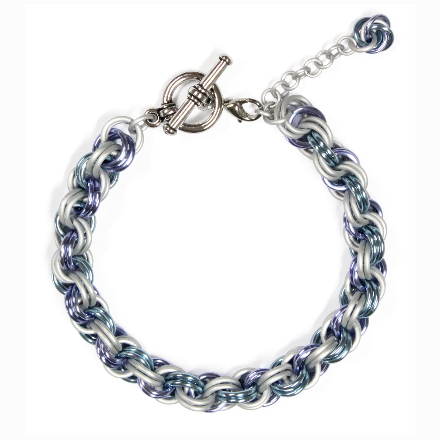 Double Spiral Chainmail Bracelet / sky blue, lavender, matte silver / adjustable clasp for 6.5 to 7.5 inch wrist