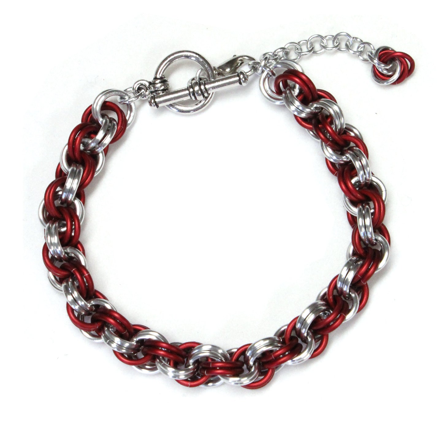 Double Spiral Chainmail Bracelet / matte red and silver / adjustable clasp for 6.5 to 7.5 inch wrist