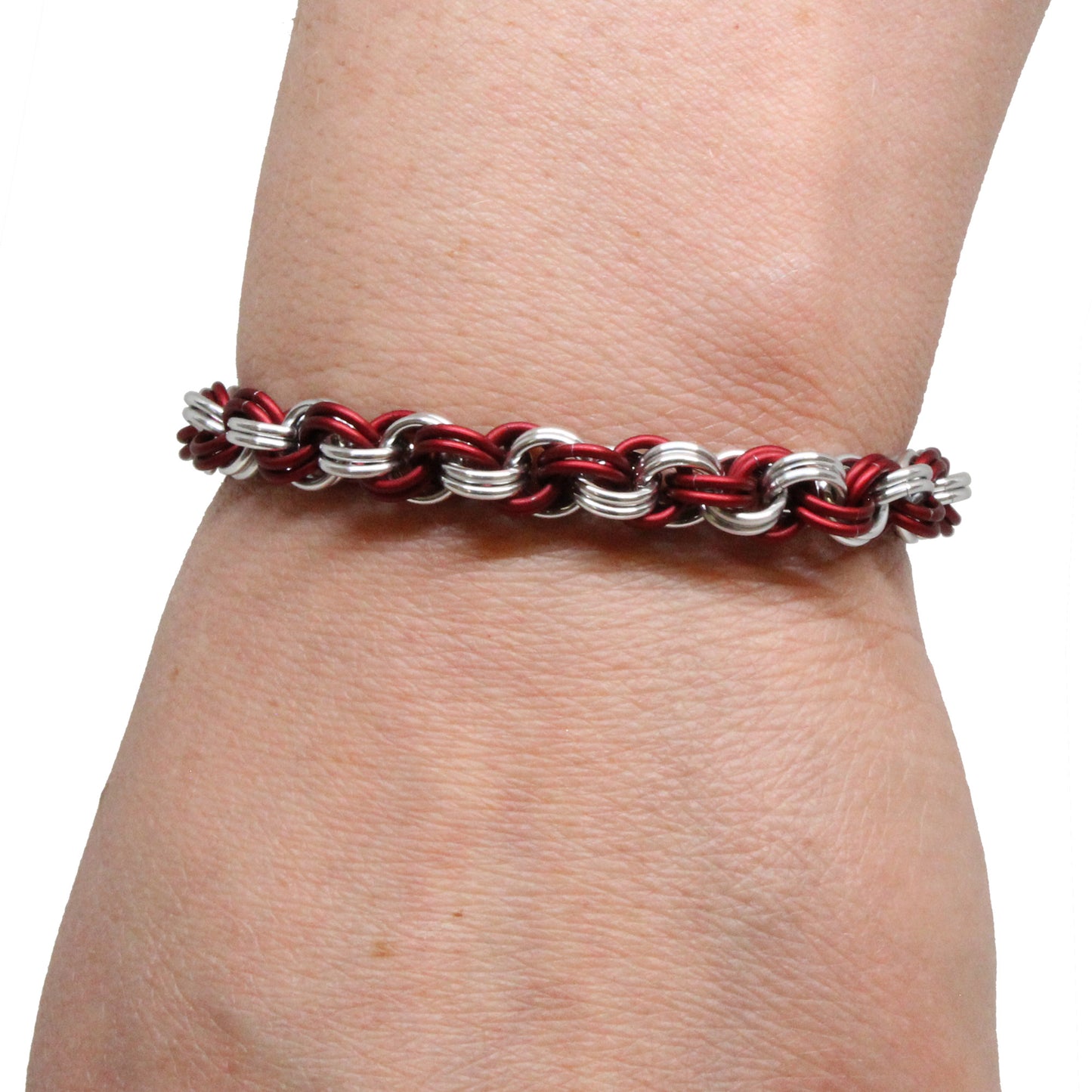 Double Spiral Chainmail Bracelet / matte red and silver / adjustable clasp for 6.5 to 7.5 inch wrist