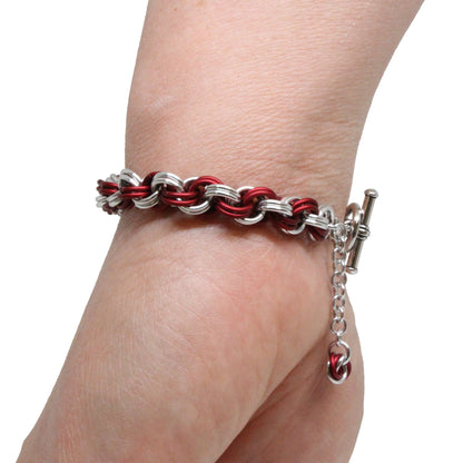 Double Spiral Chainmail Bracelet / matte red and silver / adjustable clasp for 6.5 to 7.5 inch wrist