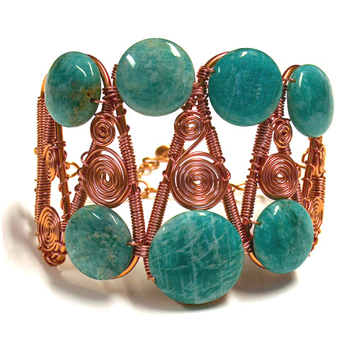 Green Amazonite Copper Wire Bracelet / for 7 - 8.5 Inch wrist size / cuff style with extender chain