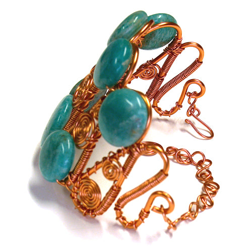 Green Amazonite Copper Wire Bracelet / for 7 - 8.5 Inch wrist size / cuff style with extender chain