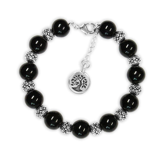 Black Onyx Bracelet with Tree charm / 6 to 7 Inch wrist size / extender chain