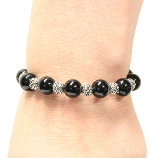 Black Onyx Bracelet with Tree charm / 6 to 7 Inch wrist size / extender chain