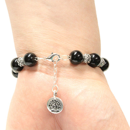 Black Onyx Bracelet with Tree charm / 6 to 7 Inch wrist size / extender chain