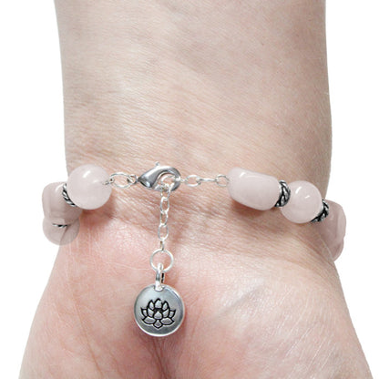 Rose Quartz Bracelet with lotus charm / 6 to 7 Inch wrist size / extender chain
