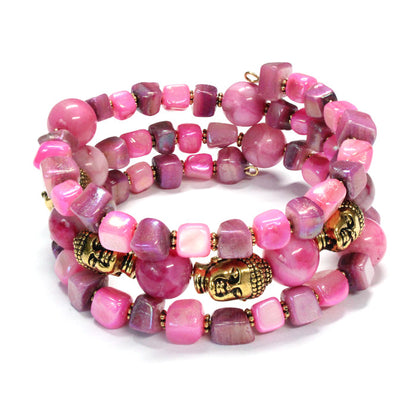 Buddha Bracelet / 6 to 8 Inch wrist size / pink, purple, shell & stone / gold pewter beads