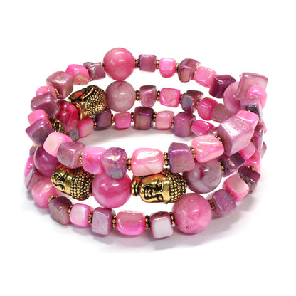 Buddha Bracelet / 6 to 8 Inch wrist size / pink, purple, shell & stone / gold pewter beads