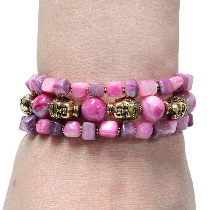 Buddha Bracelet / 6 to 8 Inch wrist size / pink, purple, shell & stone / gold pewter beads