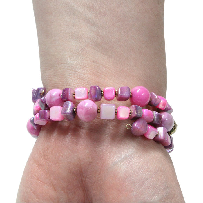 Buddha Bracelet / 6 to 8 Inch wrist size / pink, purple, shell & stone / gold pewter beads