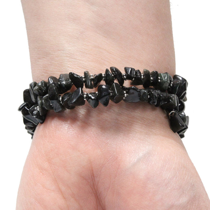 Black Onyx Mania Bracelet / 6 to 8 Inch wrist size / triple wrap / round and chip beads / silver spacers