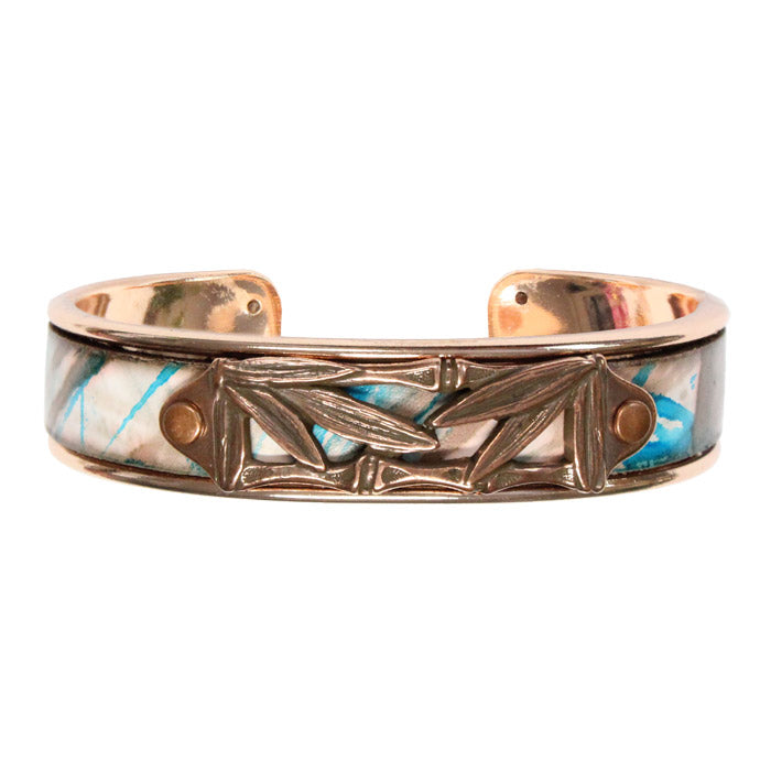 Bamboo Leaves Cuff Bracelet / fits up to 7 inch wrist size / turquoise bronze printed leather / rose gold plated cuff