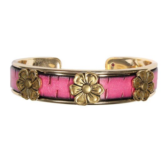 Apple Blossom Cuff Bracelet with lotus charm / fits up to 7 inch wrist size / pink bark leather / gold plated cuff