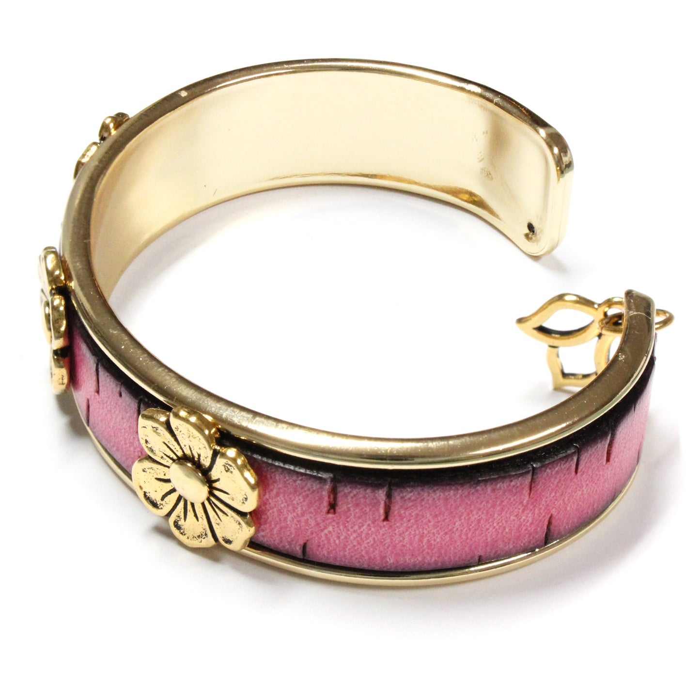 Apple Blossom Cuff Bracelet with lotus charm / fits up to 7 inch wrist size / pink bark leather / gold plated cuff