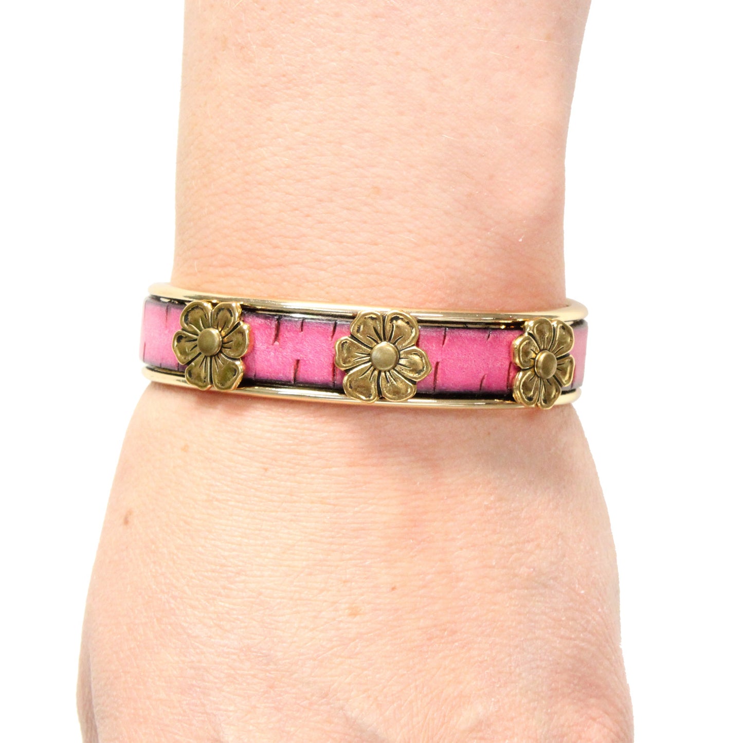 Apple Blossom Cuff Bracelet with lotus charm / fits up to 7 inch wrist size / pink bark leather / gold plated cuff