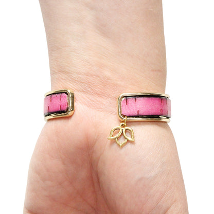 Apple Blossom Cuff Bracelet with lotus charm / fits up to 7 inch wrist size / pink bark leather / gold plated cuff