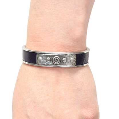 Spiral Rivets Cuff Bracelet / dark purple leather / rhodium plated cuff / fits up to 7 inch wrist size