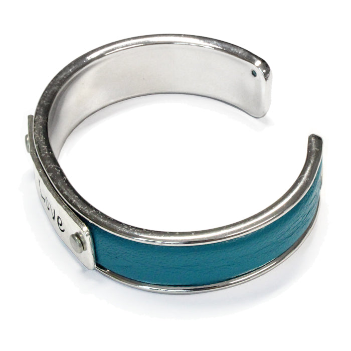 Love Heart Cuff Bracelet / fits up to 7 inch wrist size / turquoise leather / rhodium plated cuff