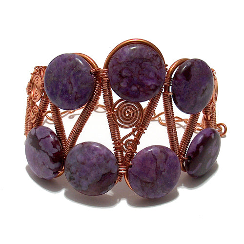 Purple Charoite Copper Wire Bracelet / for 7 - 8.5 Inch wrist size / cuff style with extender chain