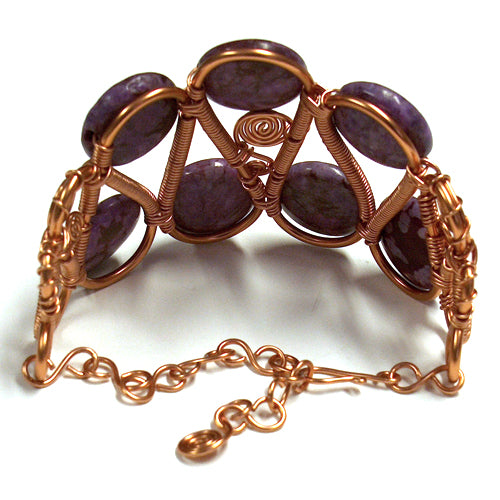 Purple Charoite Copper Wire Bracelet / for 7 - 8.5 Inch wrist size / cuff style with extender chain