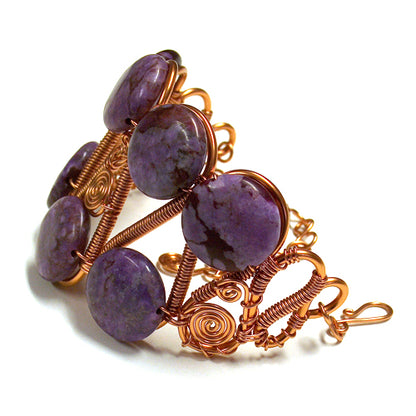 Purple Charoite Copper Wire Bracelet / for 7 - 8.5 Inch wrist size / cuff style with extender chain