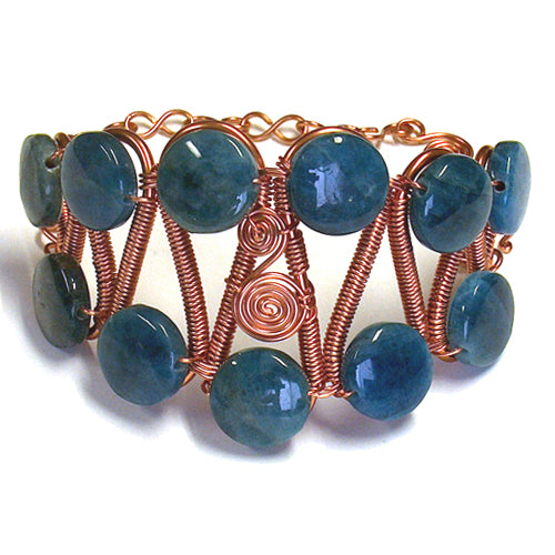 Blue Apatite Copper Wire Bracelet / for 7 - 8" wrist size / cuff style with extender chain