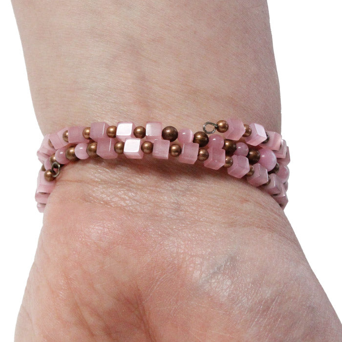 Pink Fiber Optic Bracelet / 6 to 8 Inch wrist size / antique copper accent beads