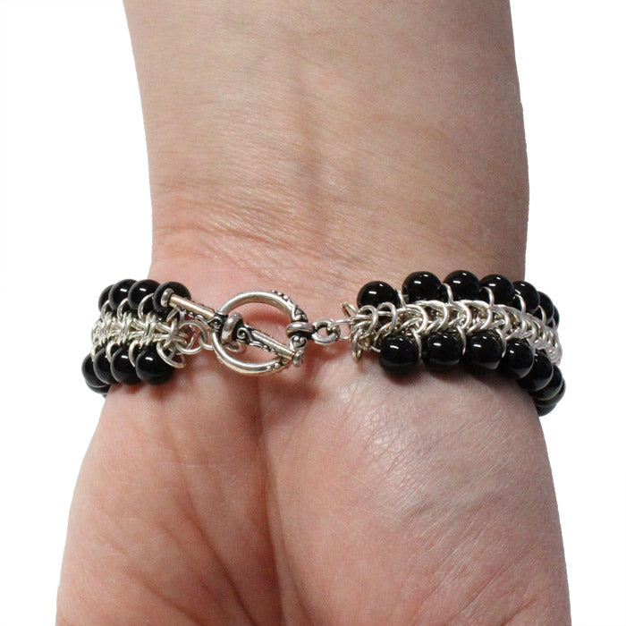 Black Onyx Chainmail Bracelet / for 7 inch wrist size / pewter toggle clasp