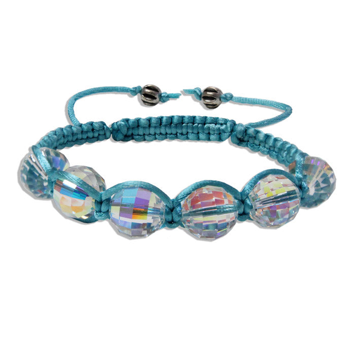 Chessboard Crystal Macrame Bracelet / 6 to 8 Inch wrist size / large rainbow faceted ball crystals / teal blue satin cord