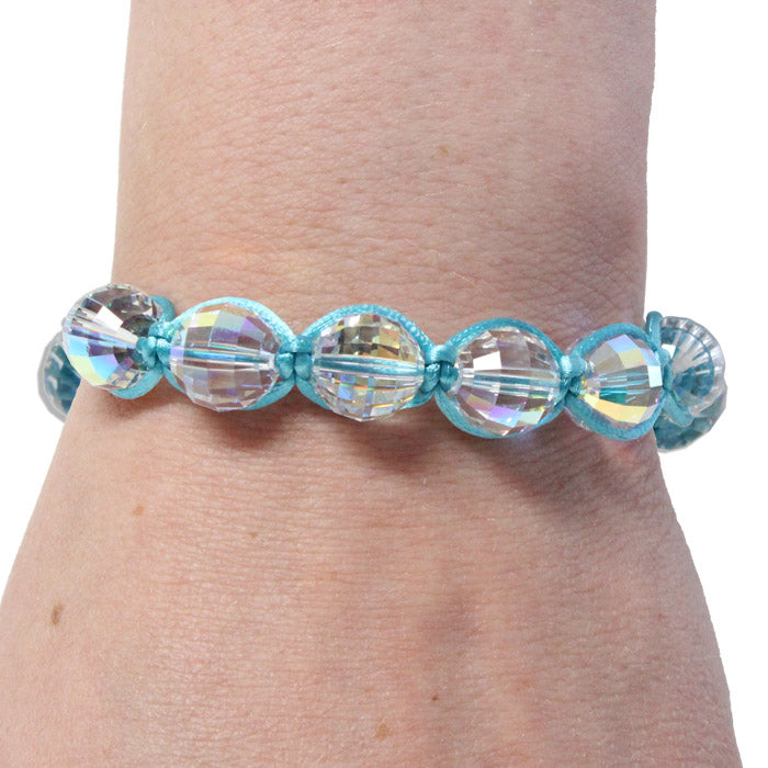 Chessboard Crystal Macrame Bracelet / 6 to 8 Inch wrist size / large rainbow faceted ball crystals / teal blue satin cord