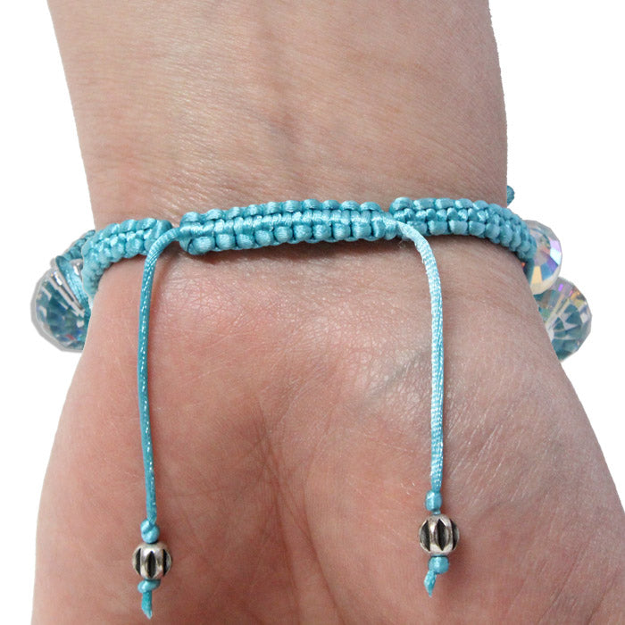 Chessboard Crystal Macrame Bracelet / 6 to 8 Inch wrist size / large rainbow faceted ball crystals / teal blue satin cord
