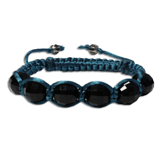 Black Chessboard Crystal Macrame Bracelet / 6 to 8 Inch wrist size / large jet black faceted ball crystals / teal satin cord