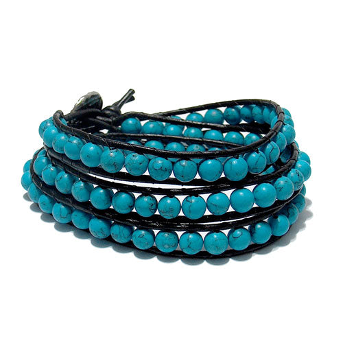 Blue Turquoise Triple Wrap Bracelet / fits 6.5 to 7 Inch wrist size / 6mm beads with 2mm black leather cord / button closure