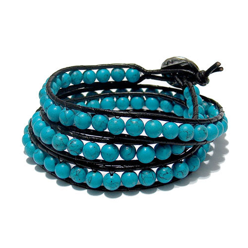 Blue Turquoise Triple Wrap Bracelet / fits 6.5 to 7 Inch wrist size / 6mm beads with 2mm black leather cord / button closure