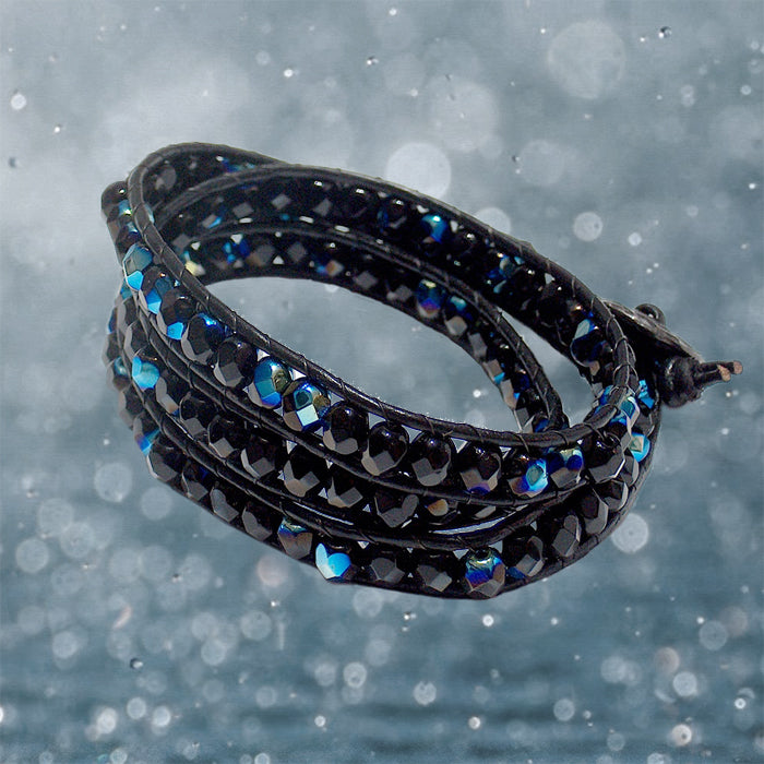Black Rainbow Triple Wrap Bracelet / fits 6.5 to 7 Inch wrist size / 6mm beads with 2mm black leather cord / button closure