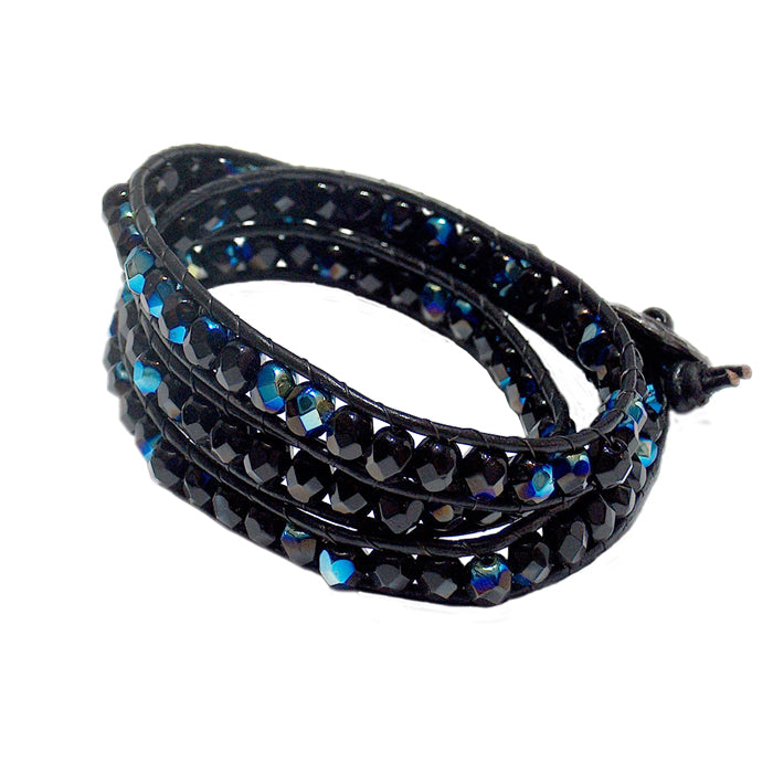 Black Rainbow Triple Wrap Bracelet / fits 6.5 to 7 Inch wrist size / 6mm beads with 2mm black leather cord / button closure