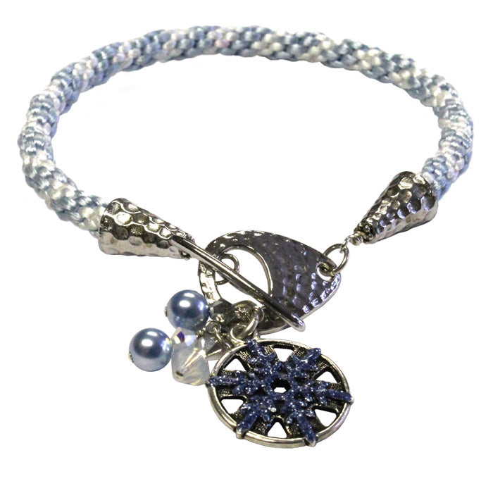 Winter Snowflake Bracelet / fits 6.5 to 7 Inch wrist size / white and light blue kumihimo braided cord / silver pewter charm and clasp